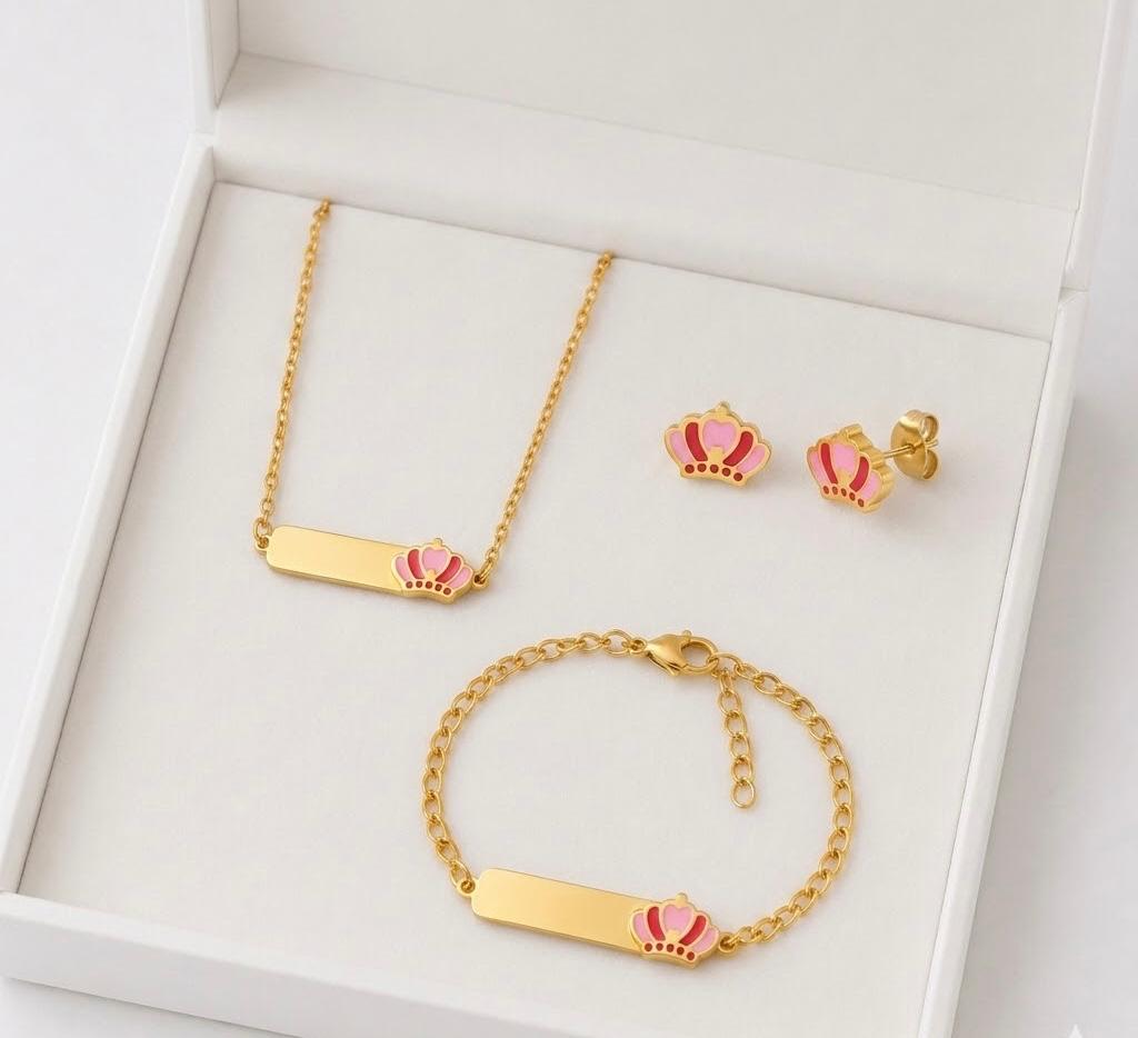 Crown Charm Full Set Jewelry For Kids - 18K Gold Plated