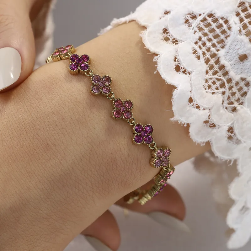 Pink Clover Crytal Bracelet For Women - 18K Gold Plated