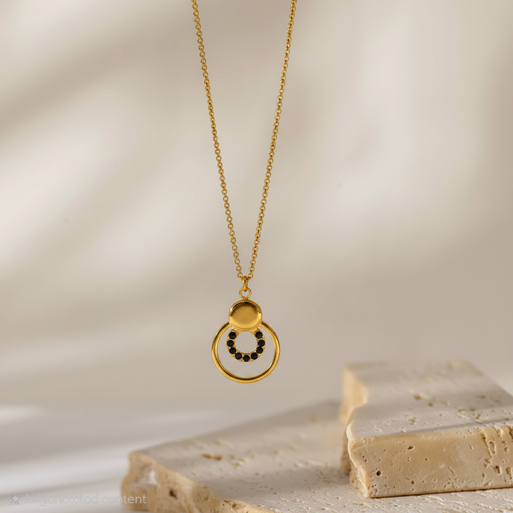 Onyx Halo Necklace For Women - 18K Gold Plated