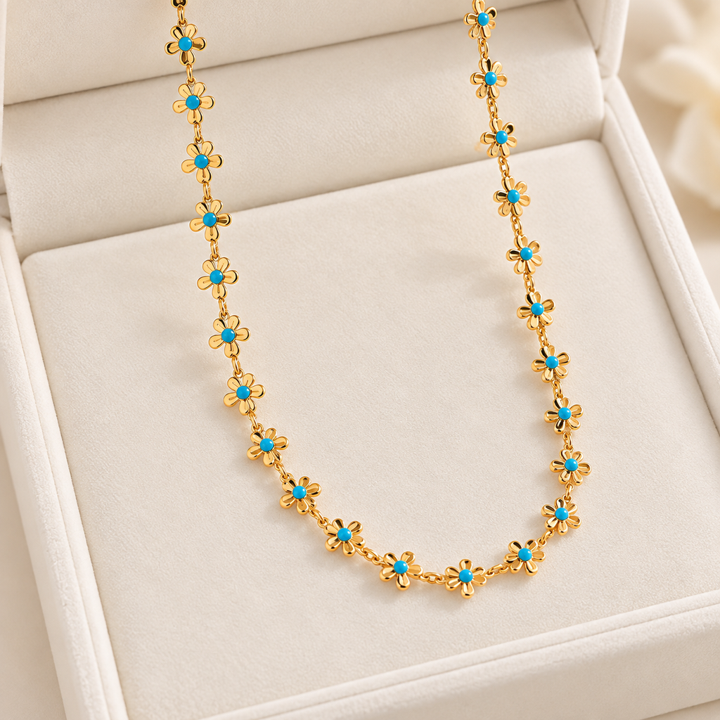 Cyan Blossom Necklace for Women - 18K Gold Plated