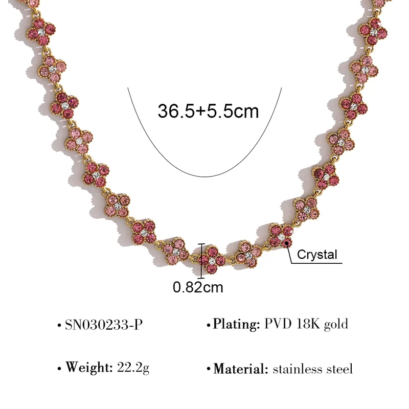 Pink Clover Crystal Party Wear Necklace For Women - 18K Gold Plated
