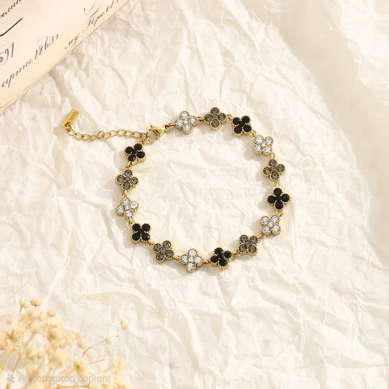 Black Clover Crystal Party Wear Bracelet For Women - 18K Gold Plated