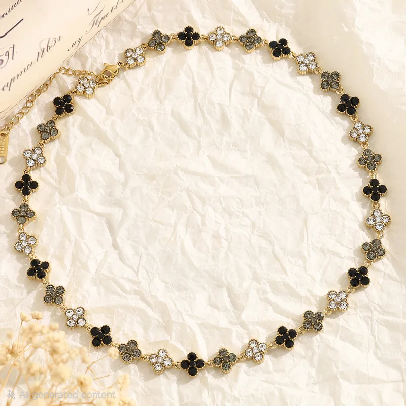 Black Cover Crystal Party Wear Necklace For Women - 18K Gold Plated