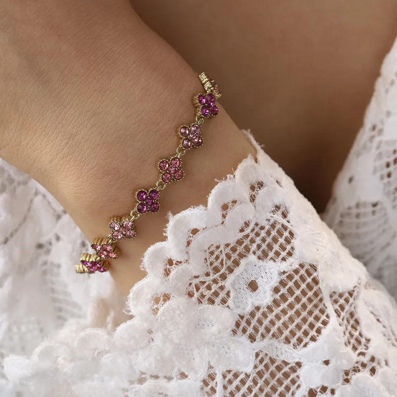 Pink Clover Crytal Bracelet For Women - 18K Gold Plated