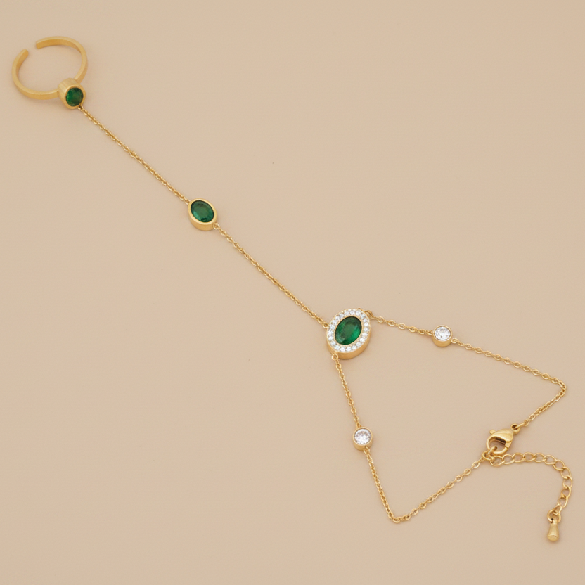 Zirella Emerald Halo Hand Chain for Women - 18K Gold Plated