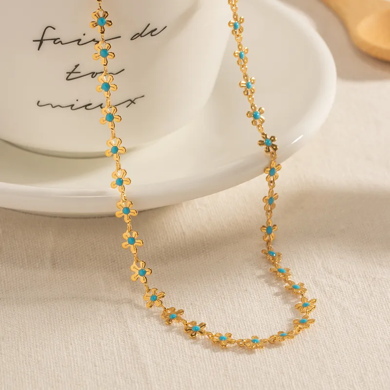 Cyan Blossom Necklace for Women - 18K Gold Plated