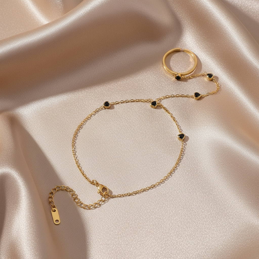Midnight Heart Hand Chain For Women - 18K Gold Plated