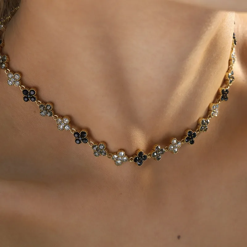 Black Cover Crystal Party Wear Necklace For Women - 18K Gold Plated