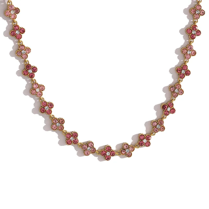 Pink Clover Crystal Party Wear Necklace For Women - 18K Gold Plated