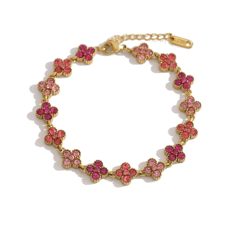 Pink Clover Crytal Bracelet For Women - 18K Gold Plated