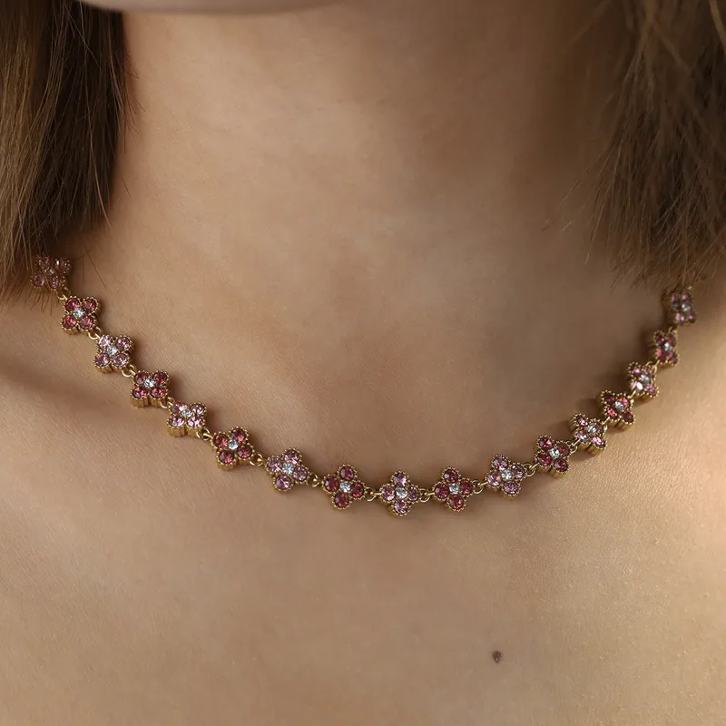 Pink Clover Crystal Party Wear Necklace For Women - 18K Gold Plated