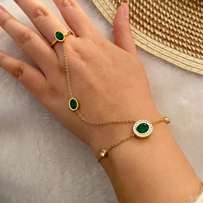 Zirella Emerald Oval Hand Chain For Women - 18K Gold Plated