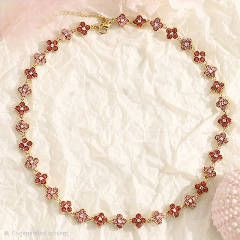 Pink Clover Crystal Party Wear Necklace For Women - 18K Gold Plated
