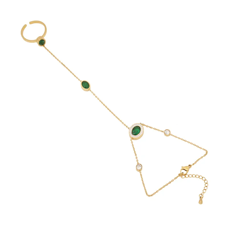 Zirella Emerald Oval Hand Chain For Women - 18K Gold Plated