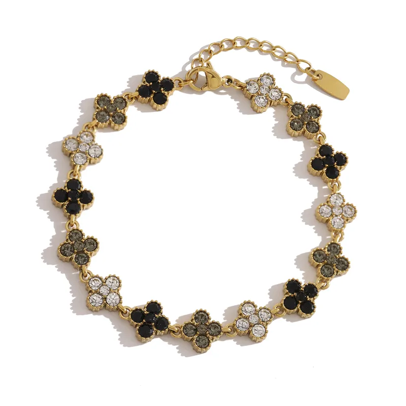 Black Clover Crystal Party Wear Bracelet For Women - 18K Gold Plated