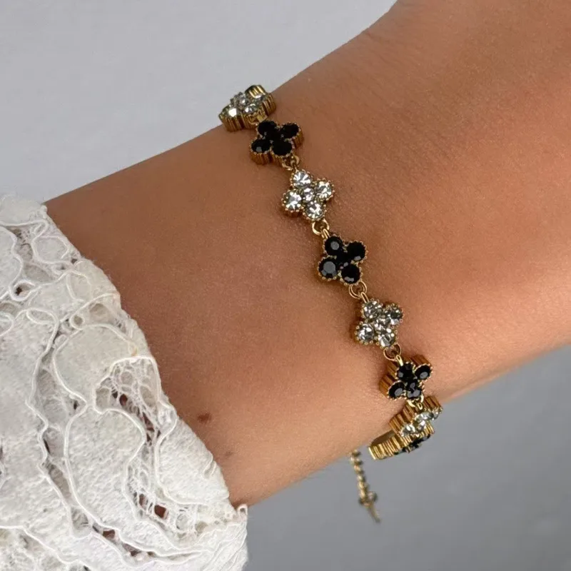 Black Clover Crystal Party Wear Bracelet For Women - 18K Gold Plated