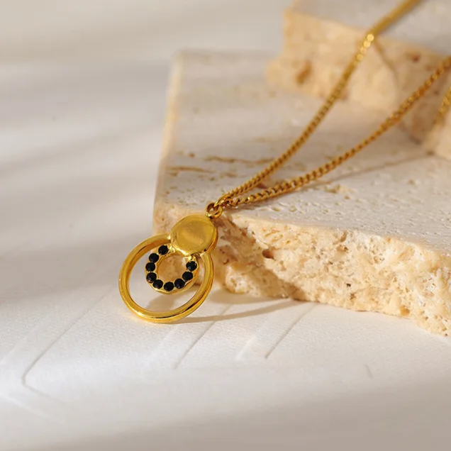 Onyx Halo Necklace For Women - 18K Gold Plated