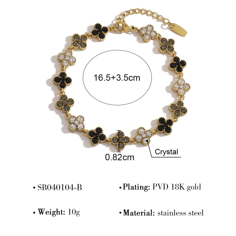 Black Clover Crystal Party Wear Bracelet For Women - 18K Gold Plated