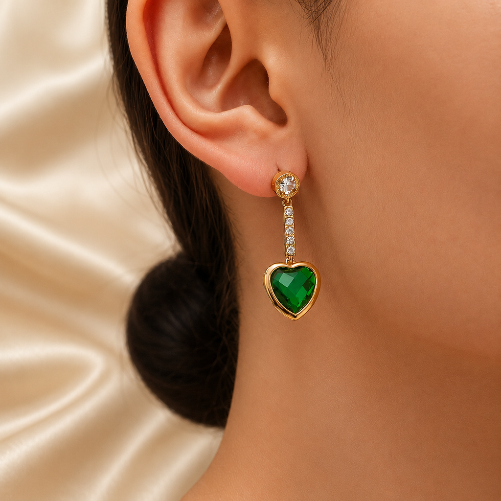 Mystic Jade Heart Drop Earrings For Women - 18K Gold Plated