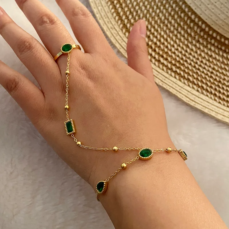 Zirella Emerald Drops Hand Chain For Women - 18K Gold Plated