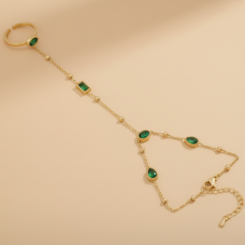 Zirella Emerald Drops Hand Chain For Women - 18K Gold Plated