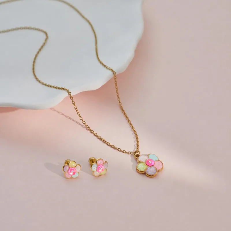 Premium Pastel Flower Kids Jewelry Combo - 18K Gold Plated