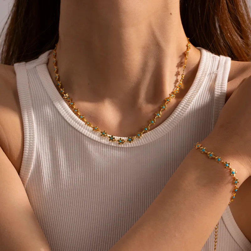 Cyan Blossom Necklace for Women - 18K Gold Plated