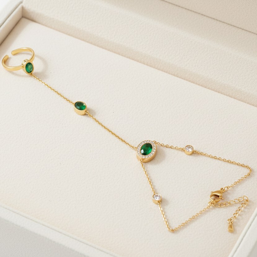 Zirella Emerald Oval Hand Chain For Women - 18K Gold Plated