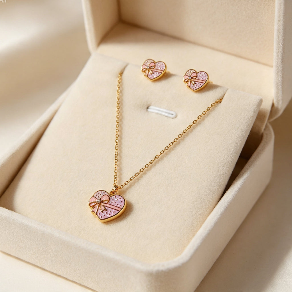 Heart Charm Jewelry Set For Kids - 18K Gold Plated