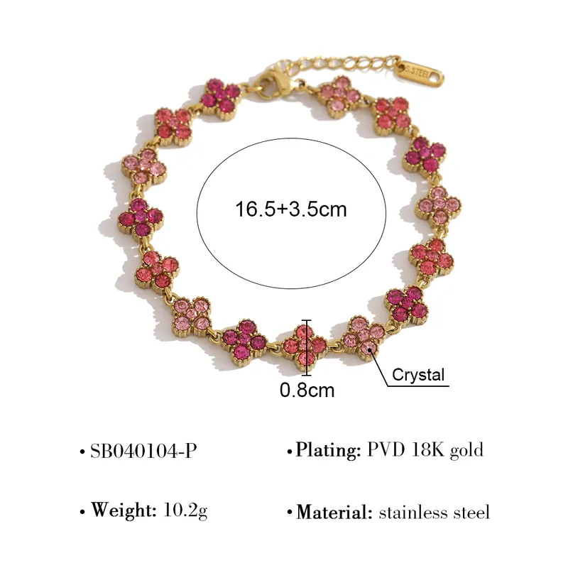Pink Clover Crytal Bracelet For Women - 18K Gold Plated