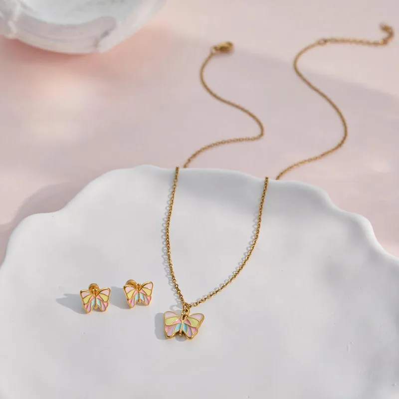 Pastel Butterfly Jewelry Set For Kids - 18K Gold Plated